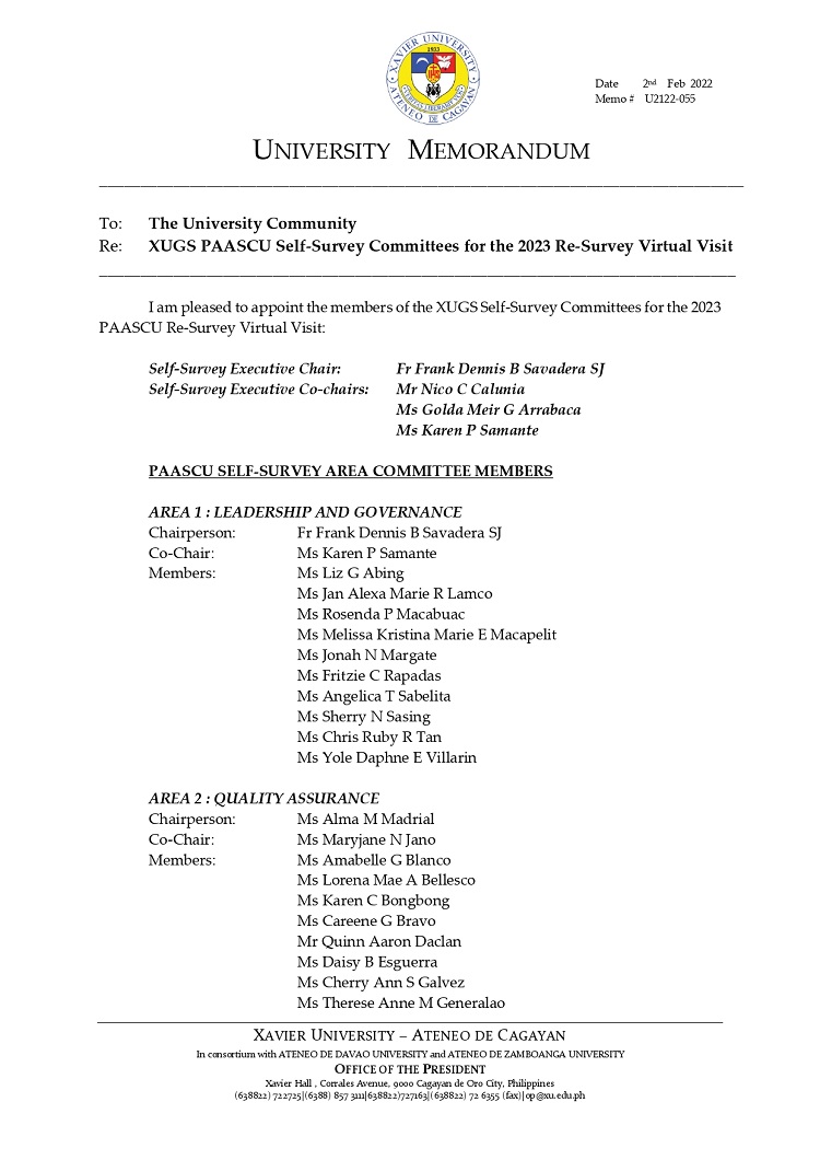 U2122 055 220202 XUGS PAASCU Self Survey Committees for 2023 Virtual Visit page 0001