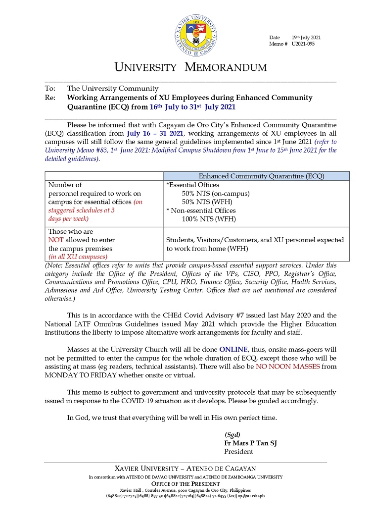U2021 095 210719 Working Arrangements for XU Employees during ECQ from July 16 31 2021 page 0001
