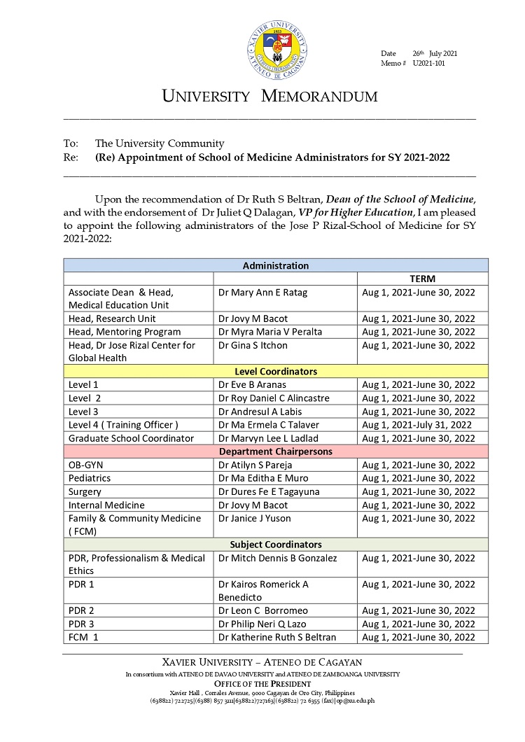 U2021 101 210726 Re Appointment of School of Medicine Administrators SY 2021 2022 page 0001