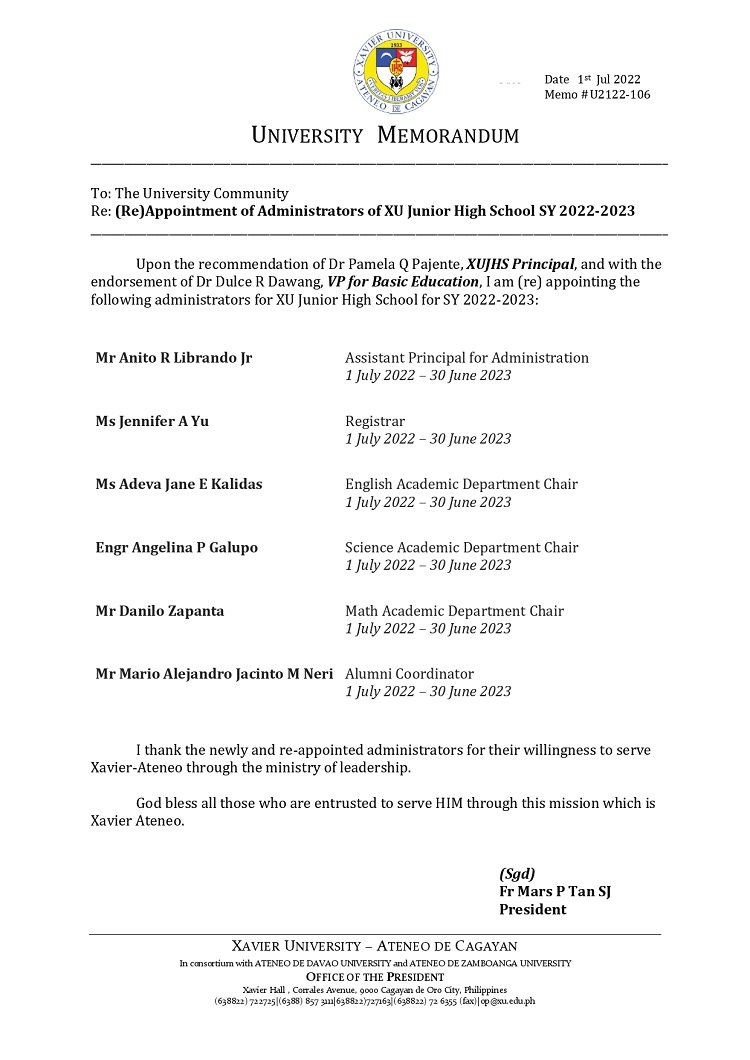 U2122 106 220701 Re Appointment of Administrators for XUJHS SY 2022 2023 page 0001