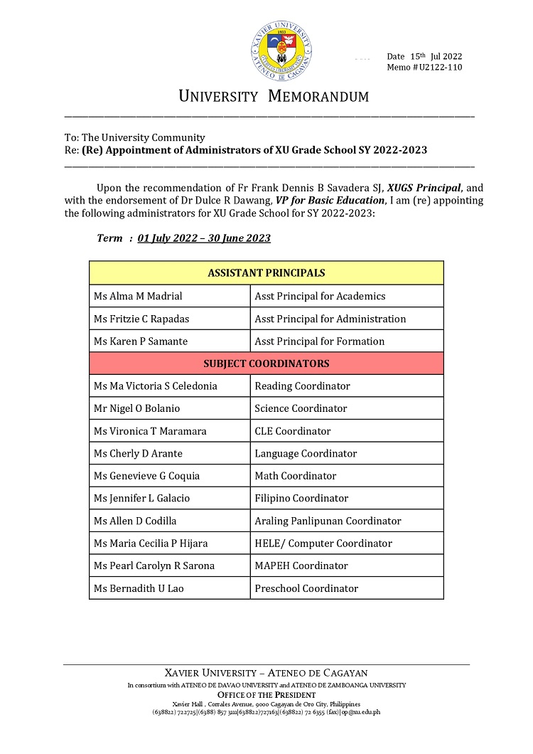 U2122 110 220715 Re Appointment of Administrators for XUGS SY 2022 2023 page 0001