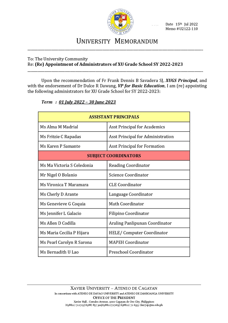 U2122 110 220715 Re Appointment of Administrators for XUGS SY 2022 2023 page 0001