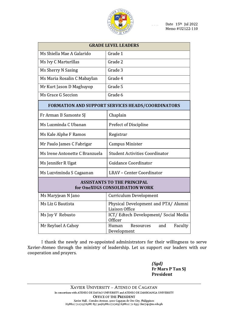 U2122 110 220715 Re Appointment of Administrators for XUGS SY 2022 2023 page 0002