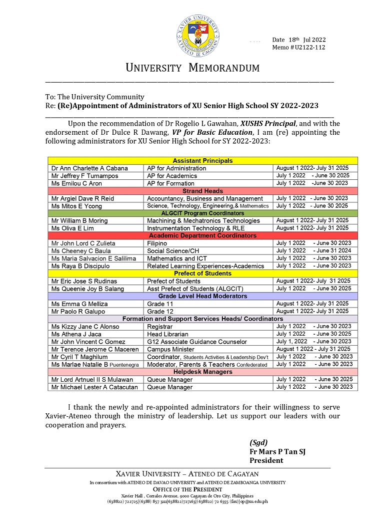 U2122 112 220718 Re Appointment of Administrators for XUSHS SY 2022 2023 page 0001