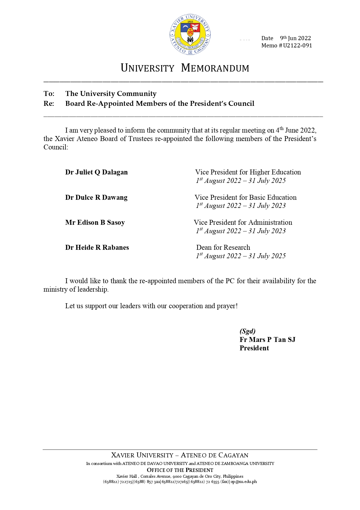 U2122 091 220609 Board Re Appointed Members of the Presidents Council page 0001