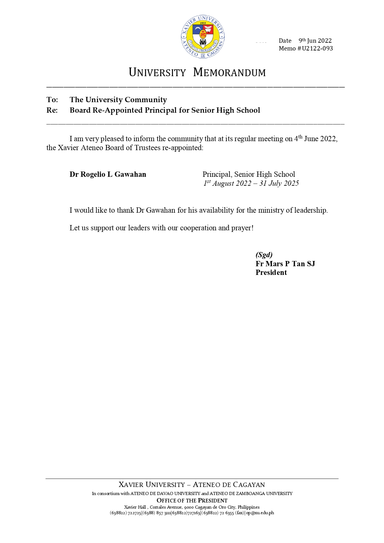 U2122 093 220609 Board Re Appointed SHS Principal page 0001