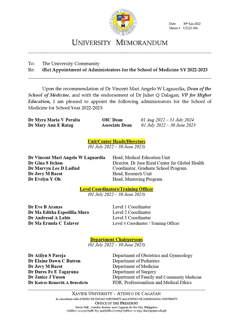 U2122 104 220630 Re Appointment of Administrators for the School of Medicine SY 2022 2023 page 0001