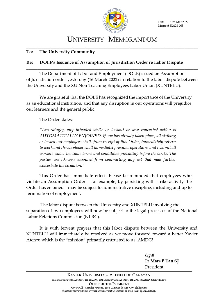 U2122 065 220317 DOLE Issuance of Assumption of Jurisdiction Order re Labor Dispute page 0001