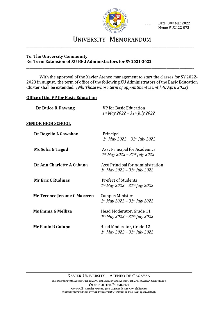 U2122 073 220330 Term Extension of XU BEd Administrators for SY 2021 2022 page 0001