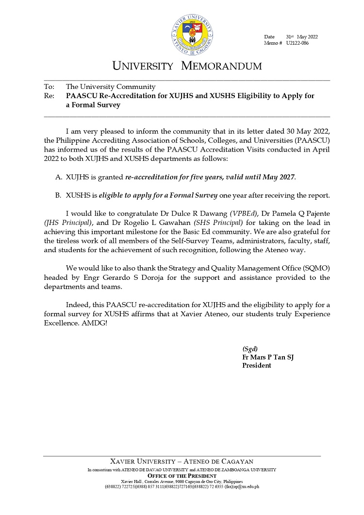 U2122 086 220531 PAASCU Re Accreditation XUJHS and Eligibility for Formal Survey XUSHS page 0001