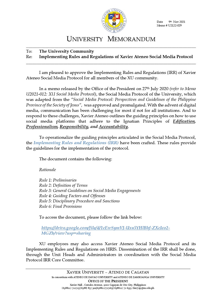 U2122 029 211109 Implementing Rules and Regulations of XUs Social Media Protocol page 0001