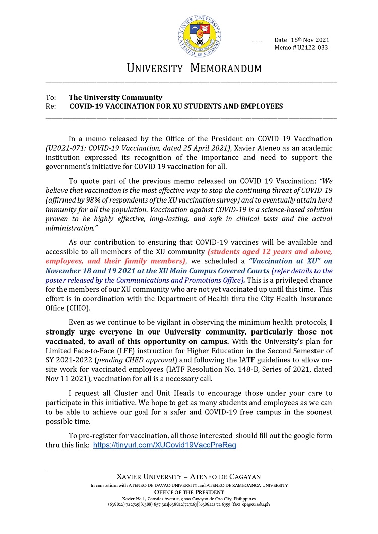 U2122 033 211115 COVID 19 Vaccination for XU Students and Employees page 0001