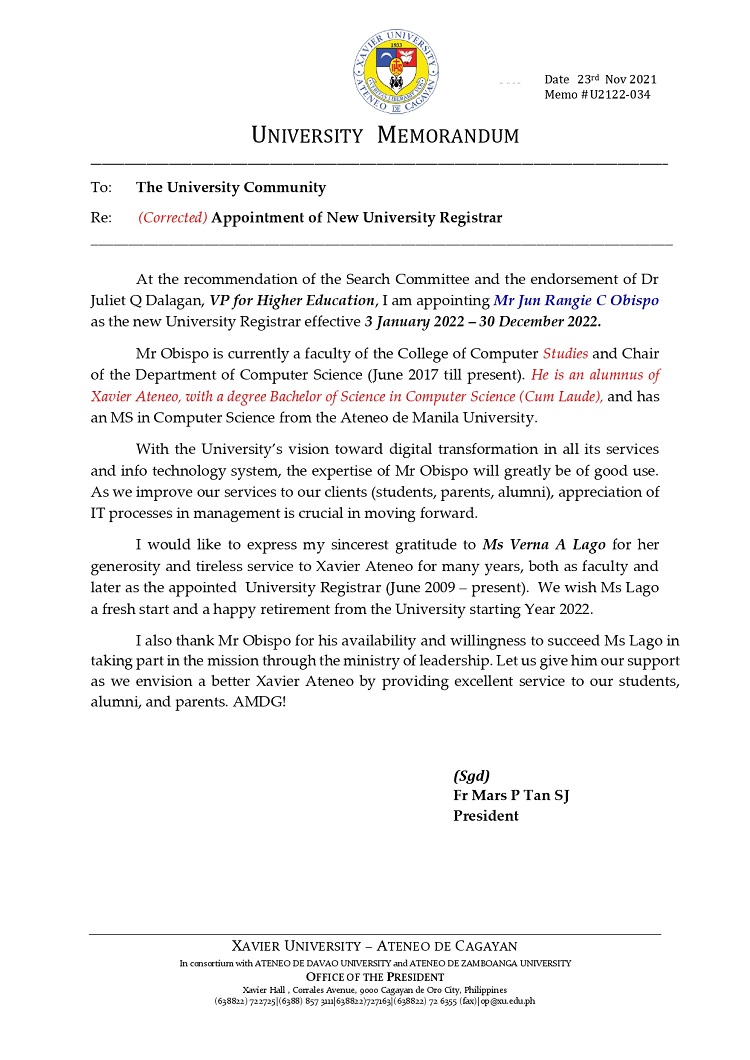 U2122 034 211123 Corrected Appointment of New University Registrar page 0001