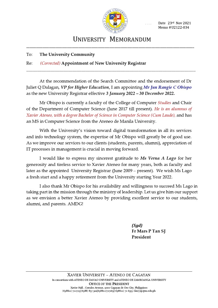 U2122 034 211123 Corrected Appointment of New University Registrar page 0001