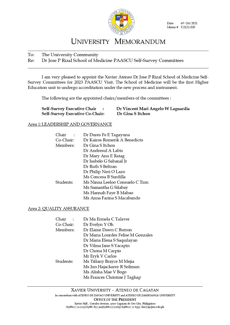 U2122 020 211006 Dr Jose P Rizal School of Medicine PAASCU Self Survey Committees page 0001