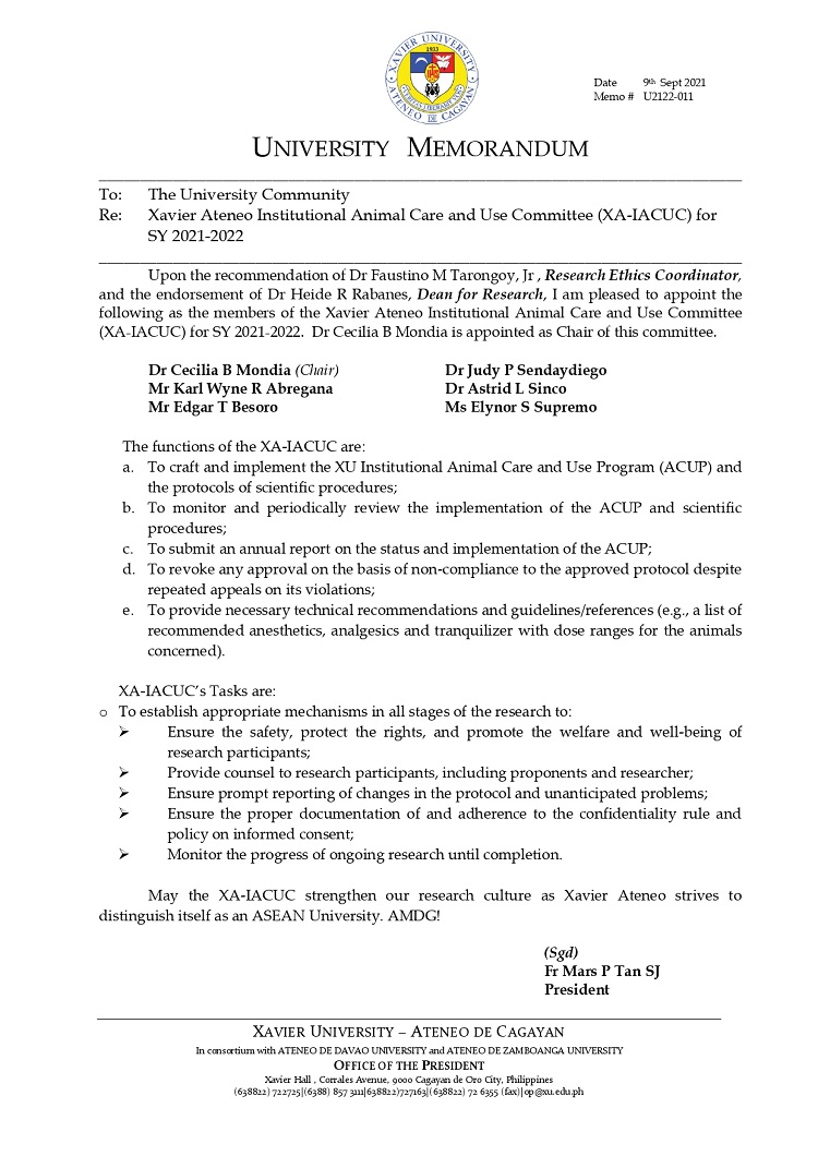 U2122 011 210909 Xavier Ateneo Institutional Animal Care and Use Committee SY 2021 2022 page 0001