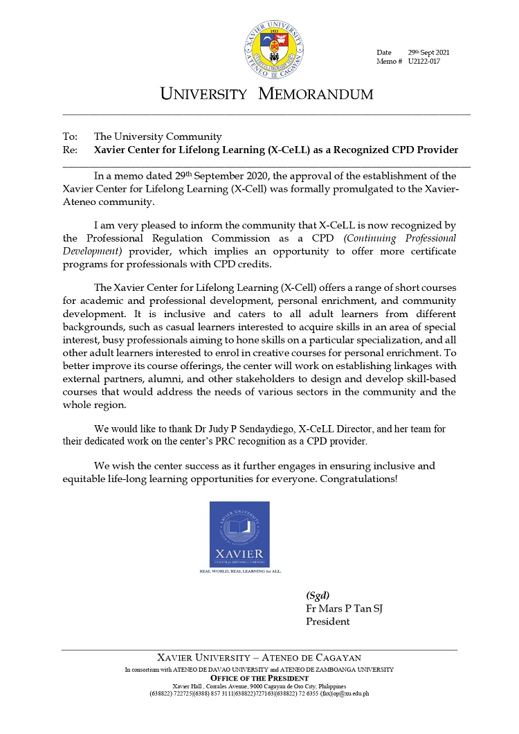 U2122 017 210929 Xavier Center for Lifelong Learning as a Recognized CPD Provider page 0001