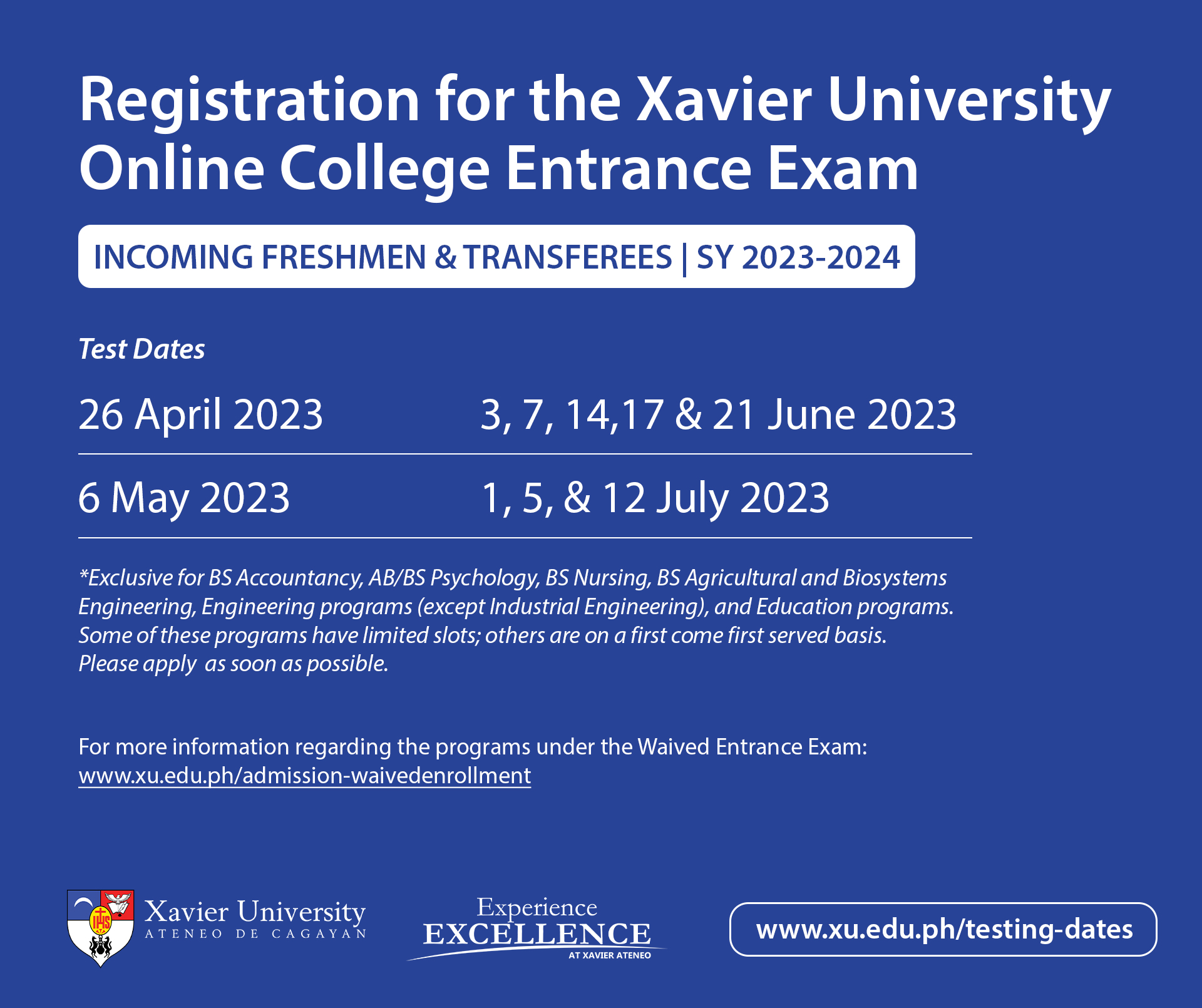 Regsitration for the Xavier University Online College Entrance Exam 1