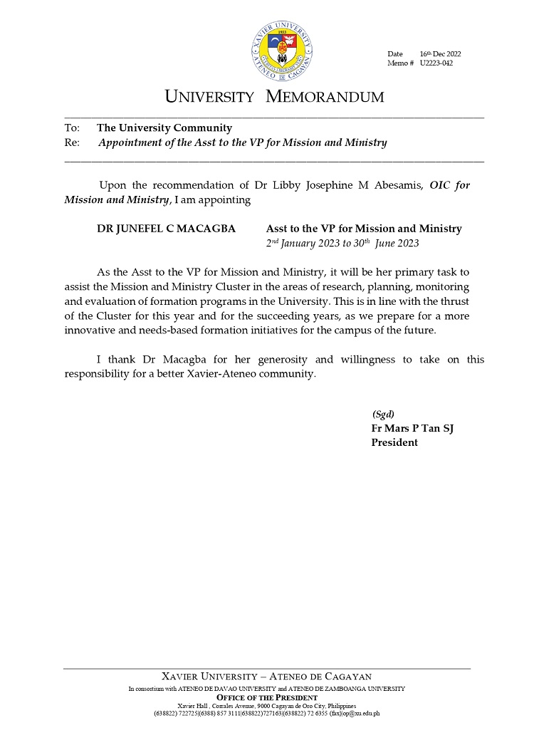 U2223 042 221216 Appointment of the Asst to the VP for Mission and Ministry page 0001