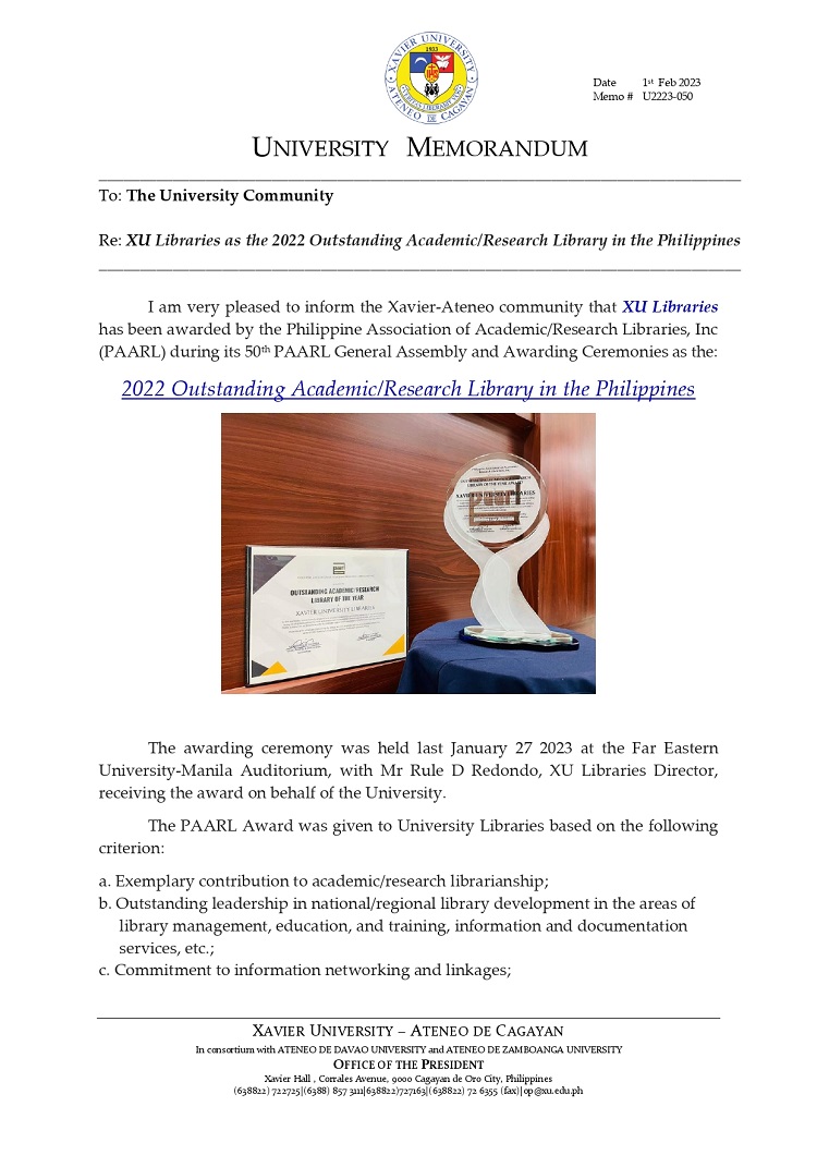 U2223 050 230201 XU Libraries as the 2022 Outstanding AcademicResearch Library in the Philippines Awards page 0001