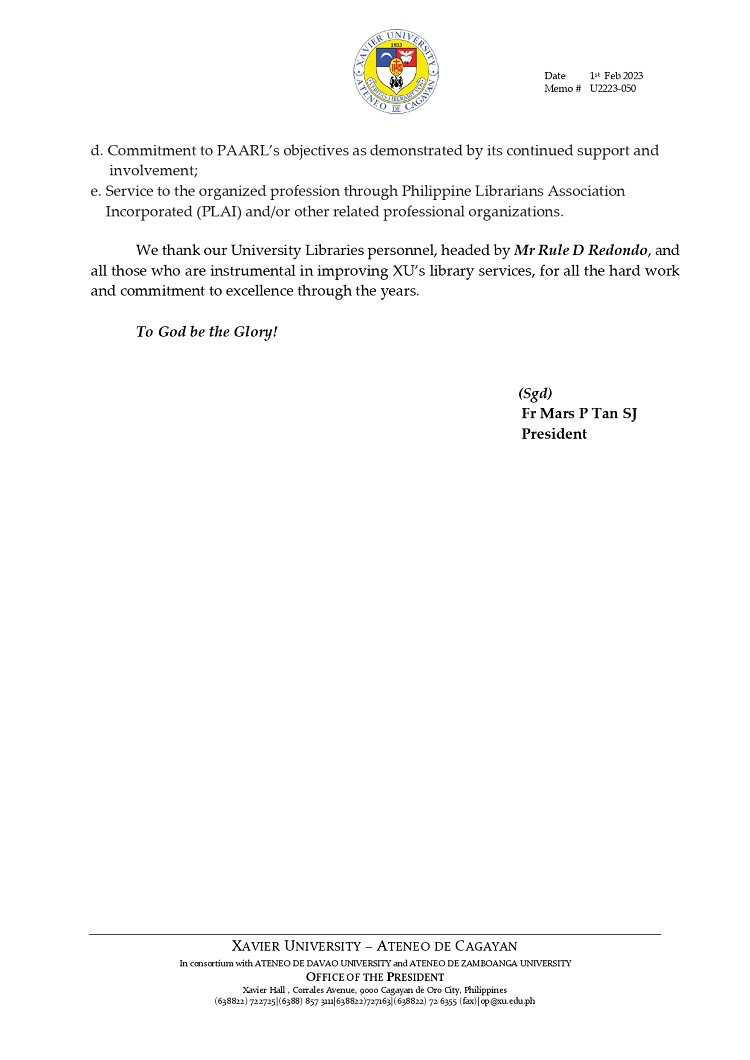 U2223 050 230201 XU Libraries as the 2022 Outstanding AcademicResearch Library in the Philippines Awards page 0002