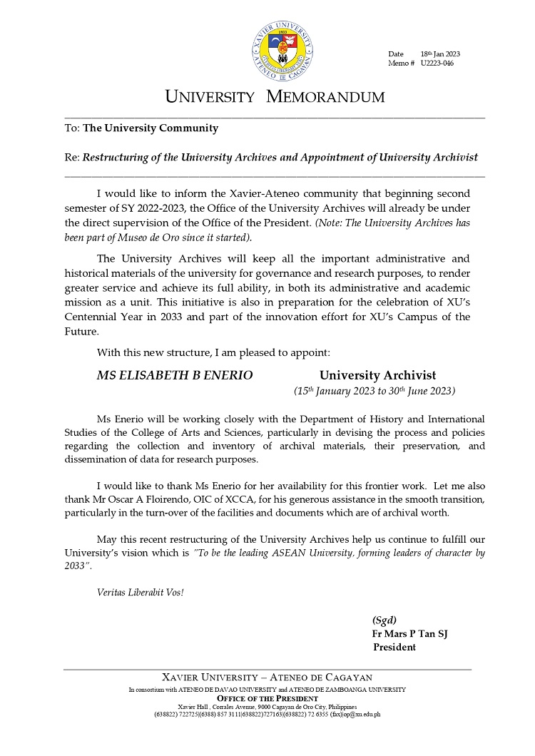 U2223 046 230118 Restructuring of the University Archives and Appointment of University Archivist page 0001 Copy