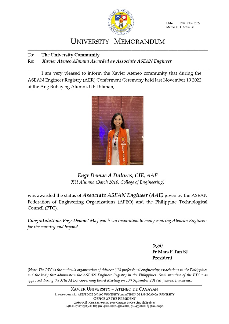 U2223 035 221123 Xavier Ateneo Alumna Awarded as Associate ASEAN Engineer page 0001
