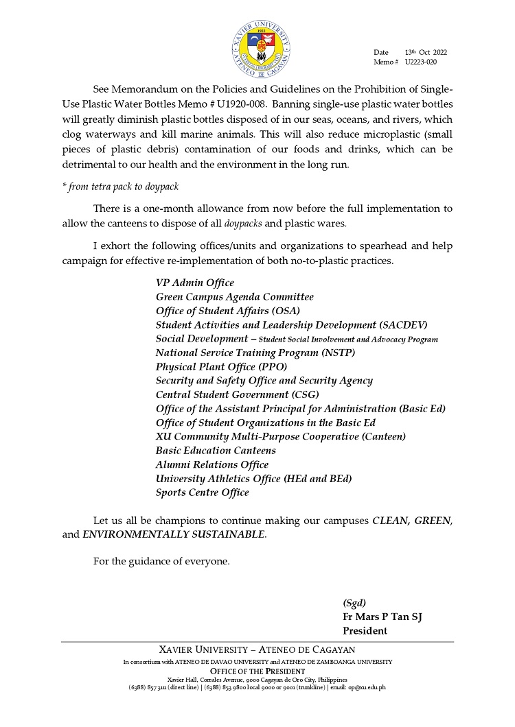 U2223 020 221013 No To Plastic Policy on XU Campuses page 0002