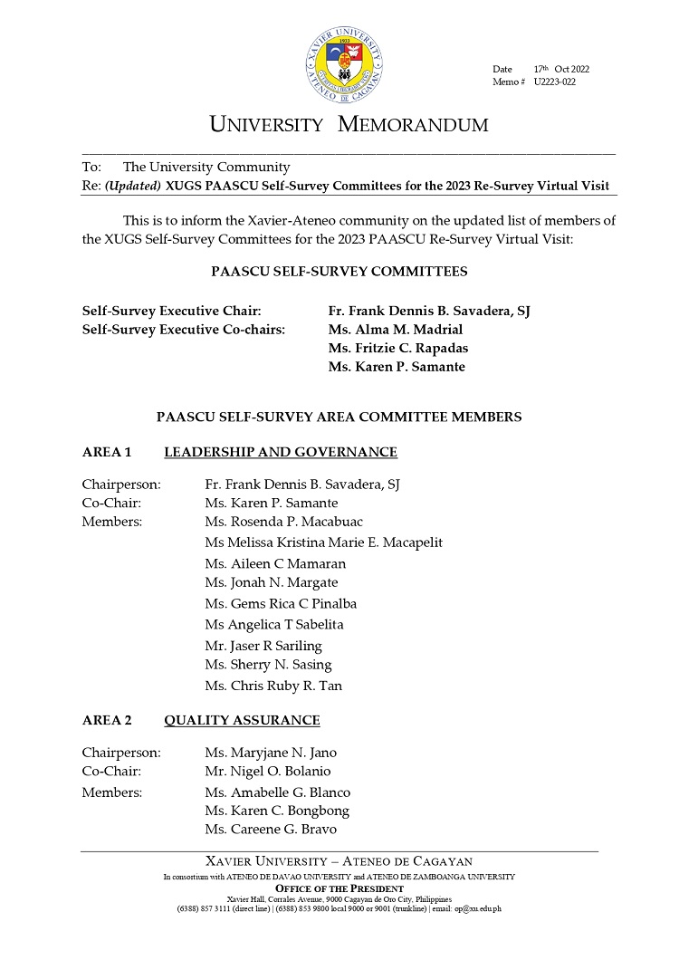 U2223 022 221017 Updated XUGS PAASCU Self Survey Committees for 2023 Virtual Visit page 0001