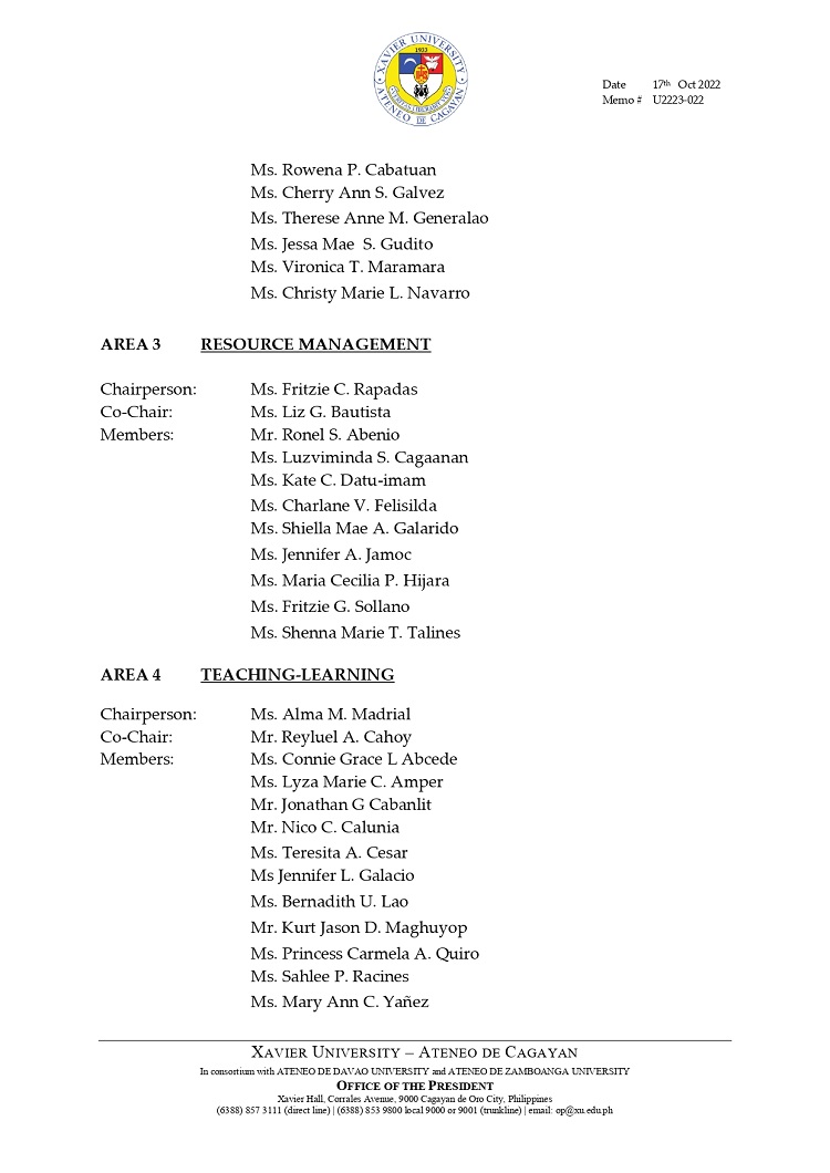 U2223 022 221017 Updated XUGS PAASCU Self Survey Committees for 2023 Virtual Visit page 0002