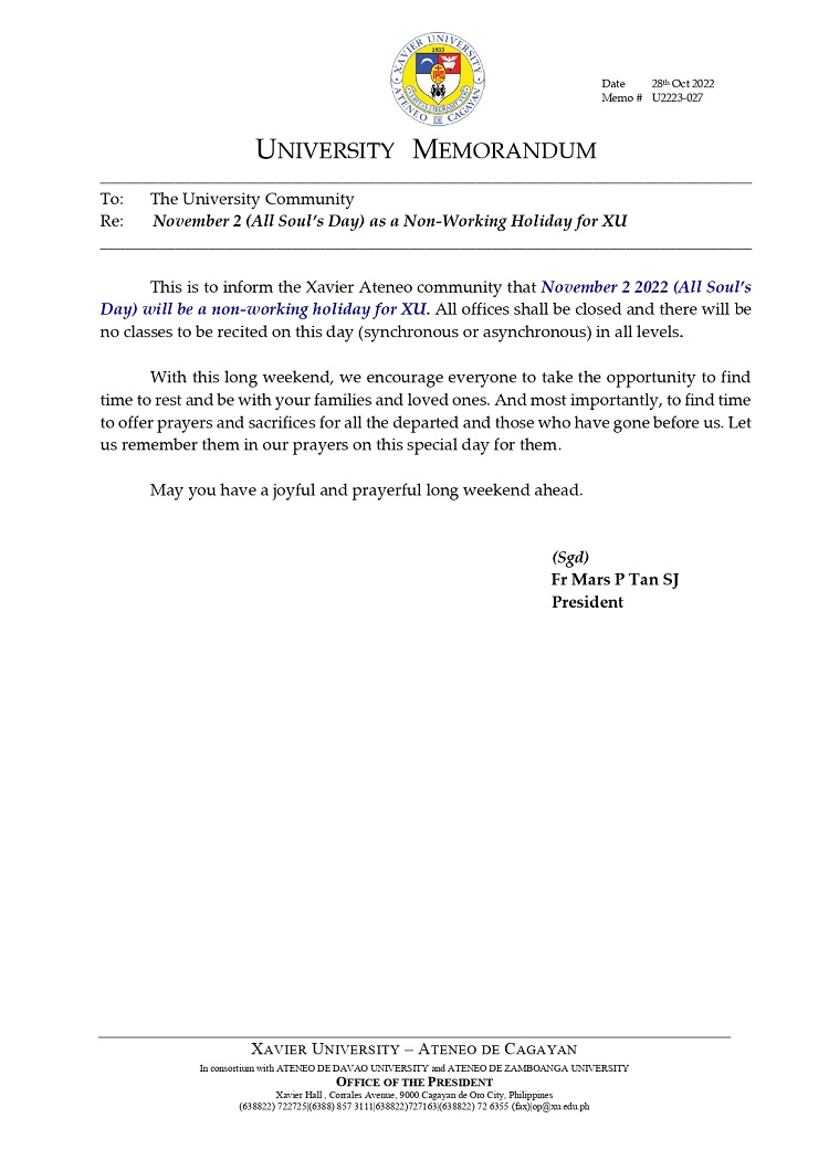 U2223 027 221028 November 2 All Souls Day as a Non Working Holiday for XU page 0001