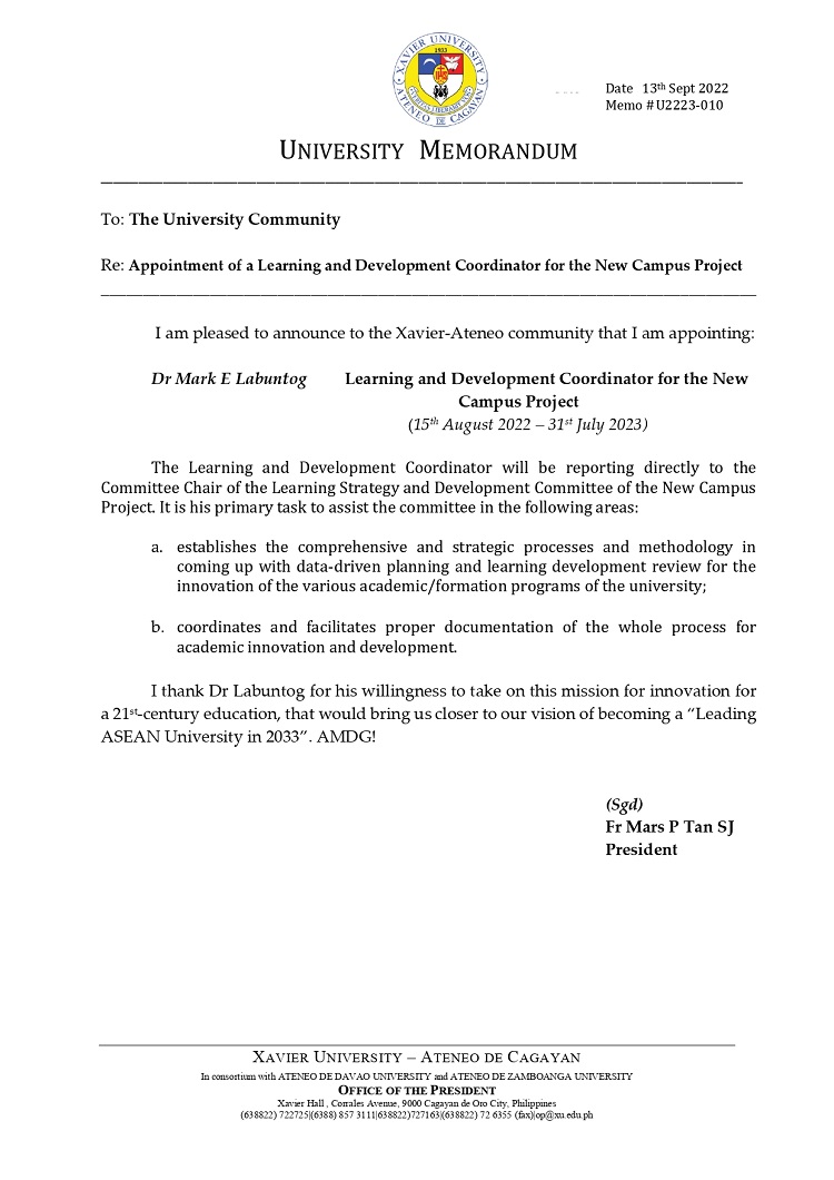 U2223 010 220913 Appointment of Learning and Development Coordinator for the New Campus Project page 0001