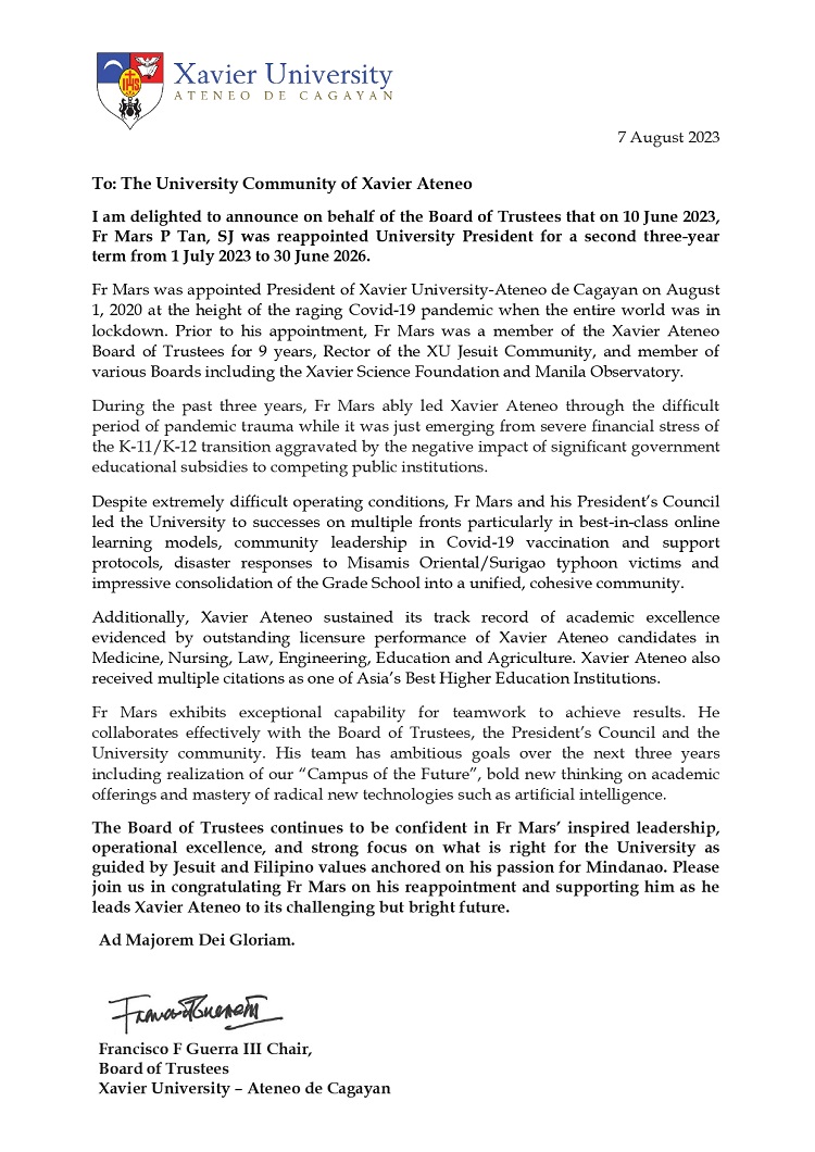 08122023.Web.Memo from Chair Frank Guerra on Fr. Mars Tan SJ Reappointment Aug2023 page 0001