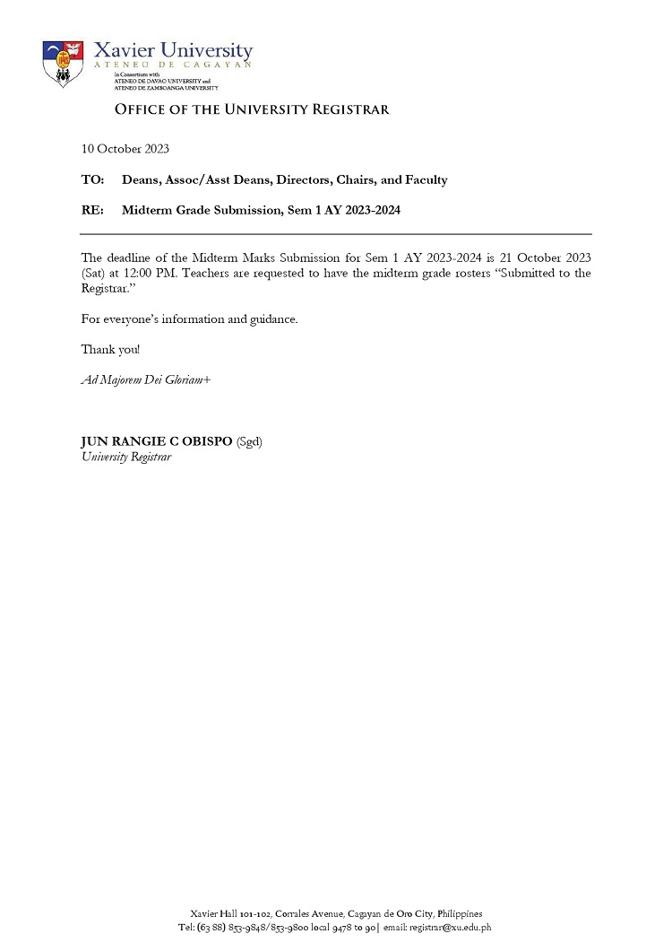 10102023.Web.23 10 10 Midterm Grade Submission 2301 Registrar Office Xavier University