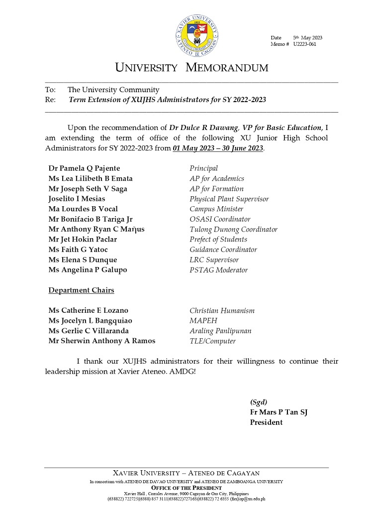 51023.Web.U2223 061 230505 Term Extension of XU JHS Administrators