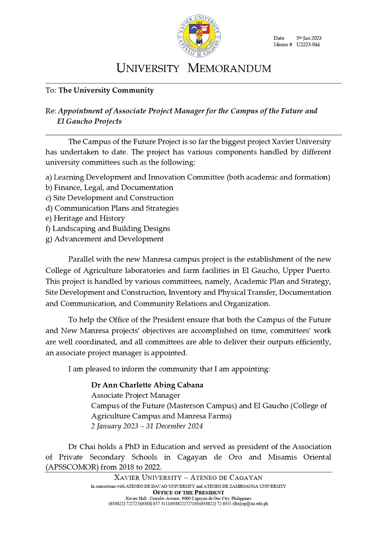 U2223 044 230105 Appointment of Associate Project Manager for the Campus of the Future and the El Gaucho Projects page 0001