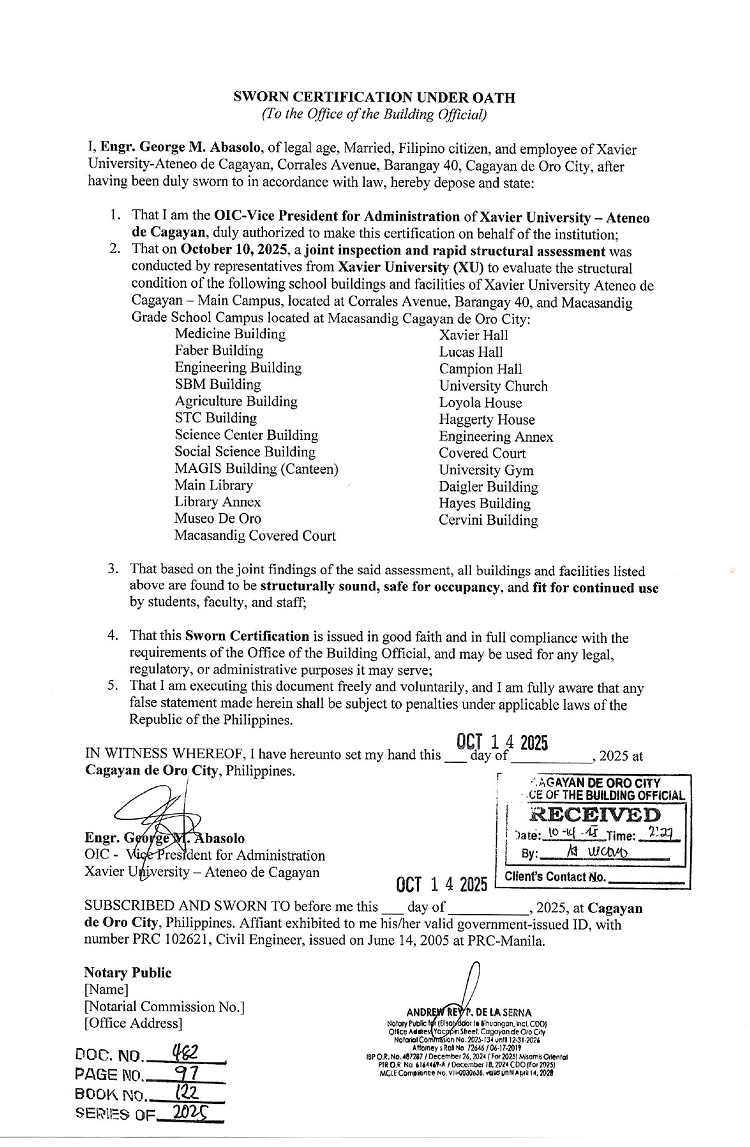10152025.Web Sworn certification under oath and structural clearance XU Main and Macasandig page 0001