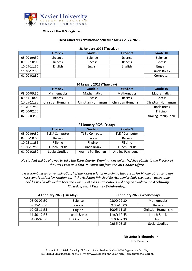12122024.Web Xavier Ateneo JHS Examination Schedule 2024 25 Q3 JHS Registrars Office Xavier University page 0001