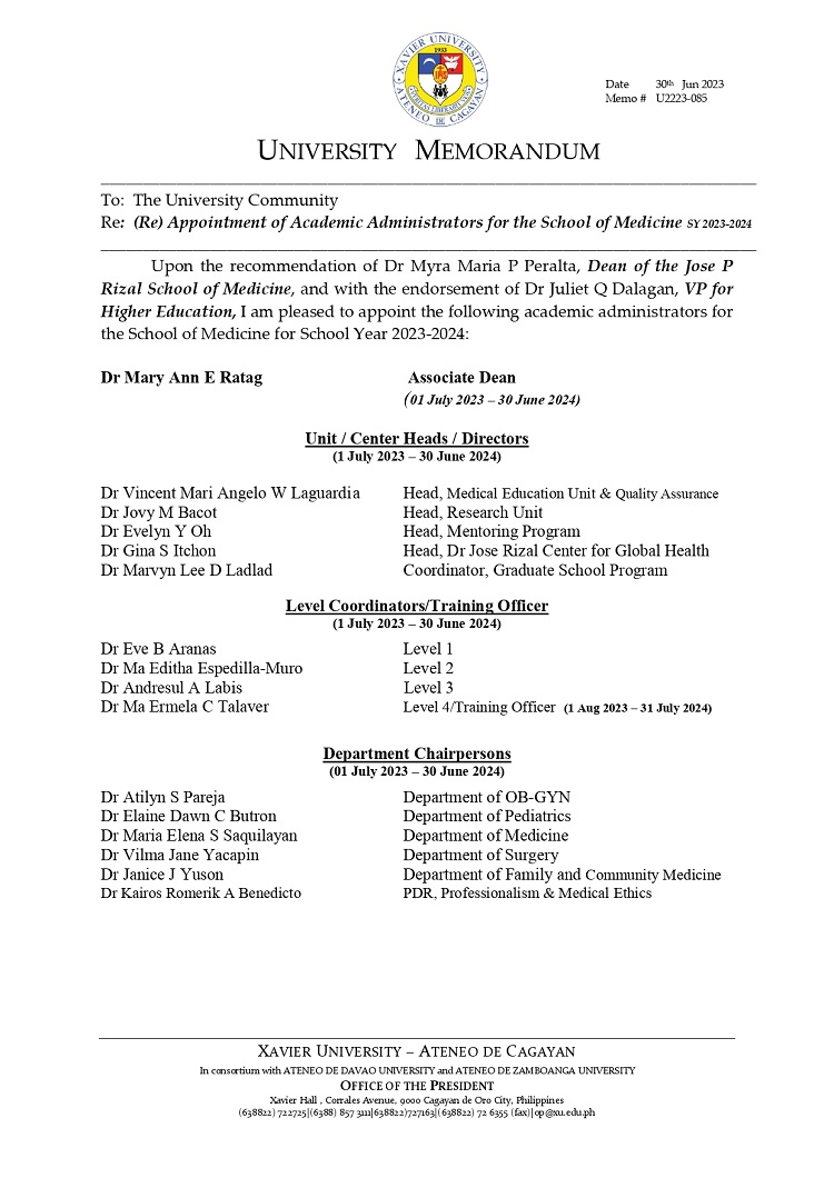 06302023.MemoU Web.U2223 085 230630 ReAppointment of Academic Administrators for the School of Medicine SY 2023 2024 page 0001