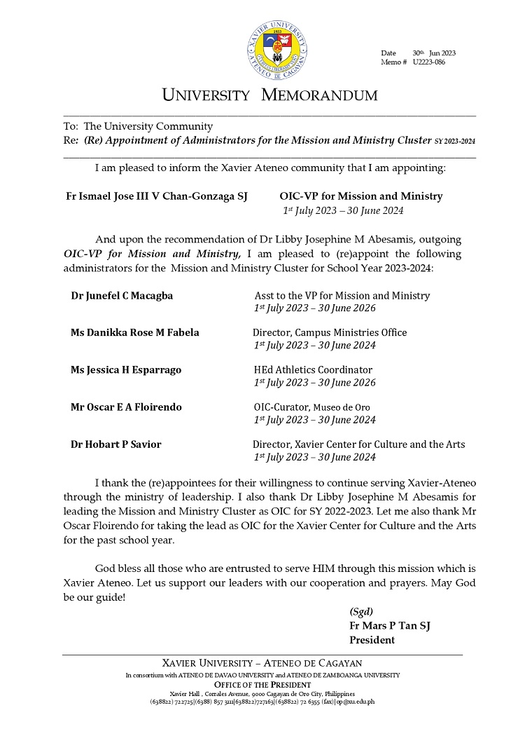 06302023.MemoU Web.U2223 086 230630 ReAppointment of Administrators for the Mission and Ministry Cluster SY 2023 2024 page 0001