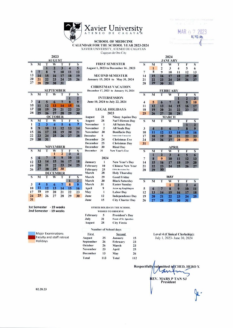 Xavier University Colleges School Calendar