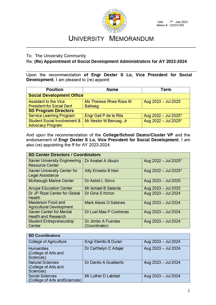 07102023.UniversityMemo.Web.Updated.U2223 092 230705 Re Appointment of SD Cluster Administrators 2023 2024 page 0001