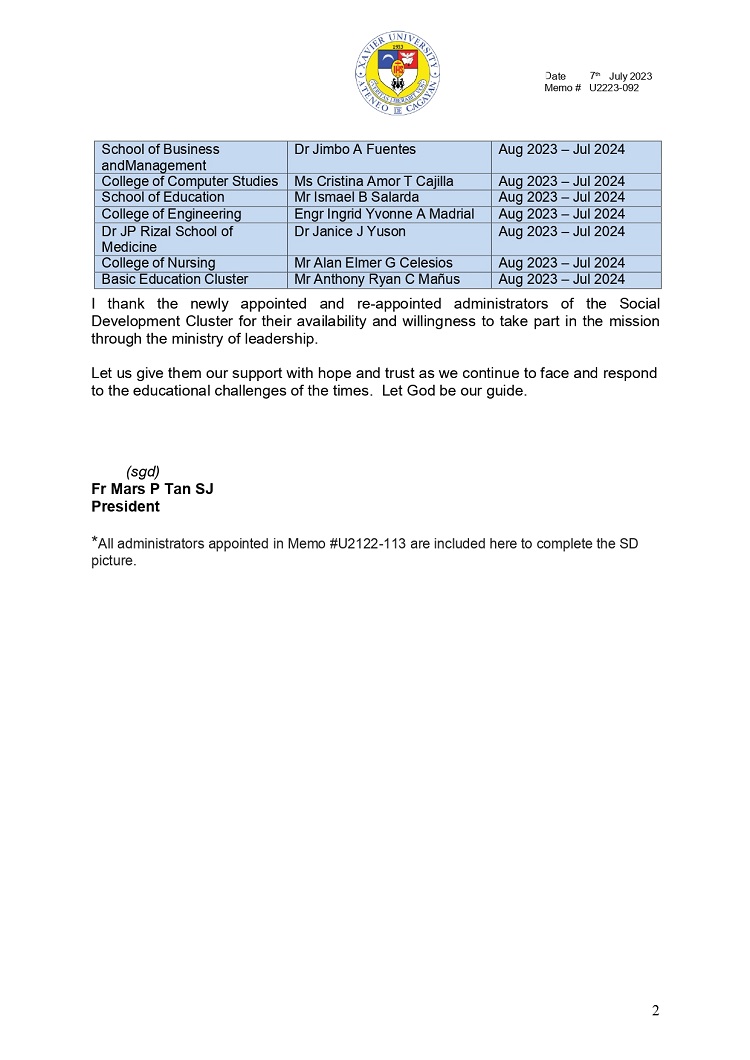 07102023.UniversityMemo.Web.Updated.U2223 092 230705 Re Appointment of SD Cluster Administrators 2023 2024 page 0002
