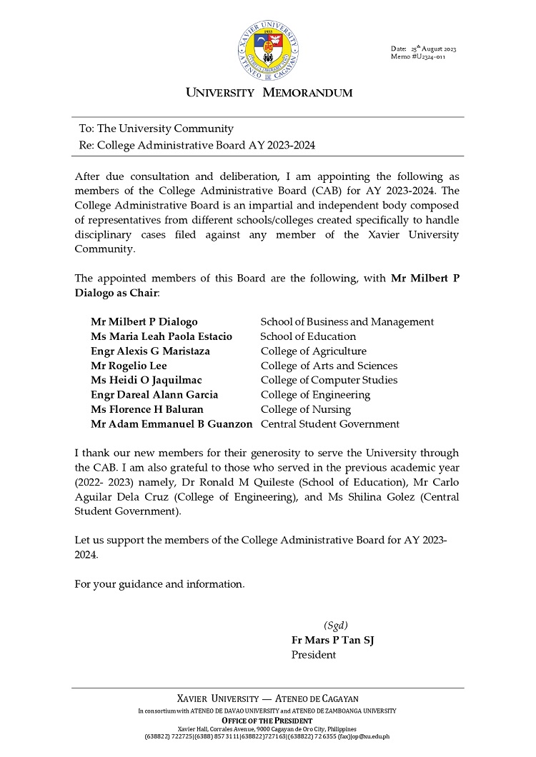 08292023.MemoU Web.U2324 011 College Administrative Board AY 2023 2024 page 0001