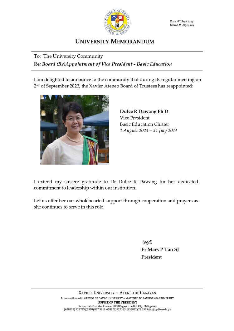 09072023.MemoU Web.U2324 014 Board ReAppointment of Vice President Basic Education page 0001