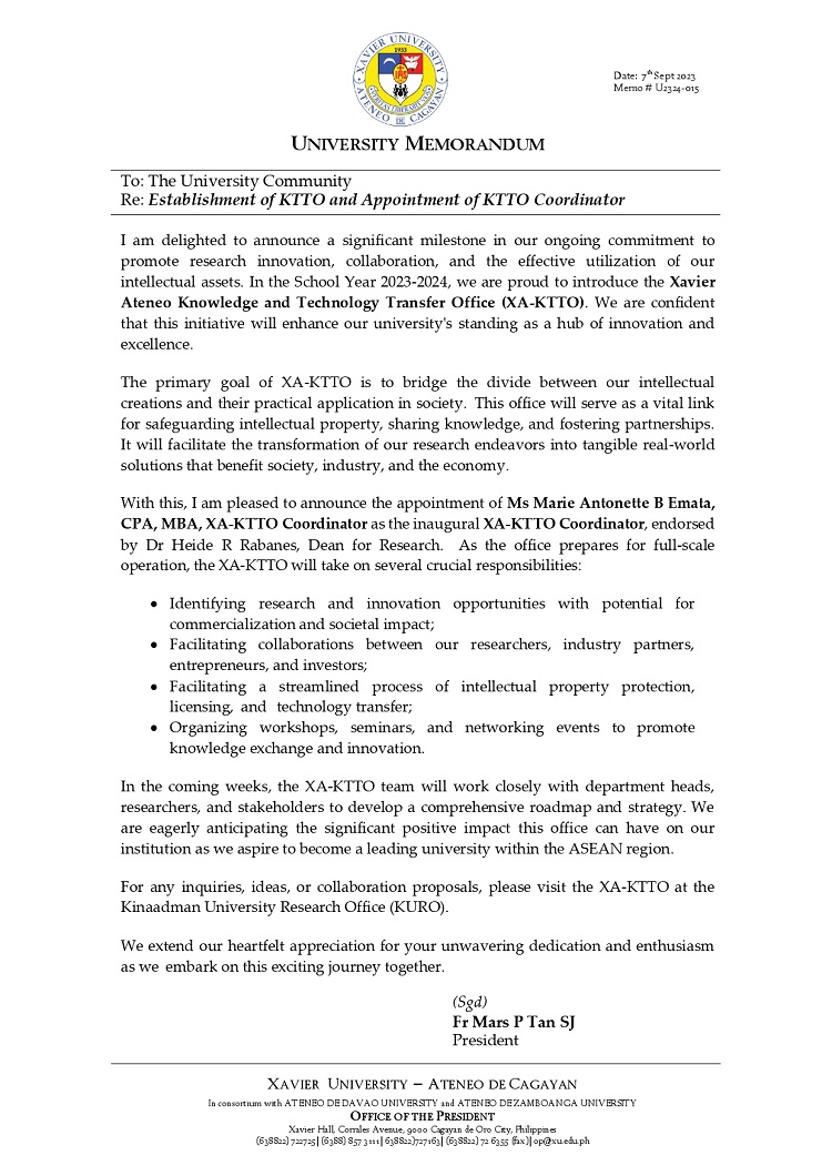 09092023.MemoU Web.U2324 015 Establishment of KTTO and KTTO Coordinator page 0001
