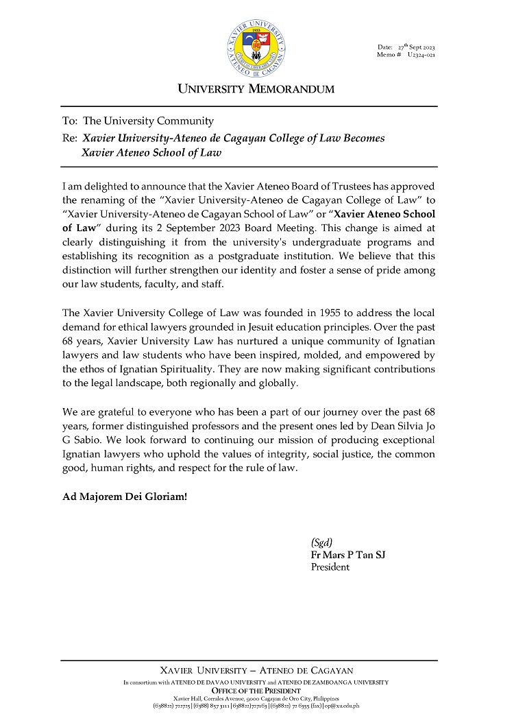 09282023.MemoU Web.U2324 021 270920 Xavier University Ateneo de Cagayan College of Law page 0001