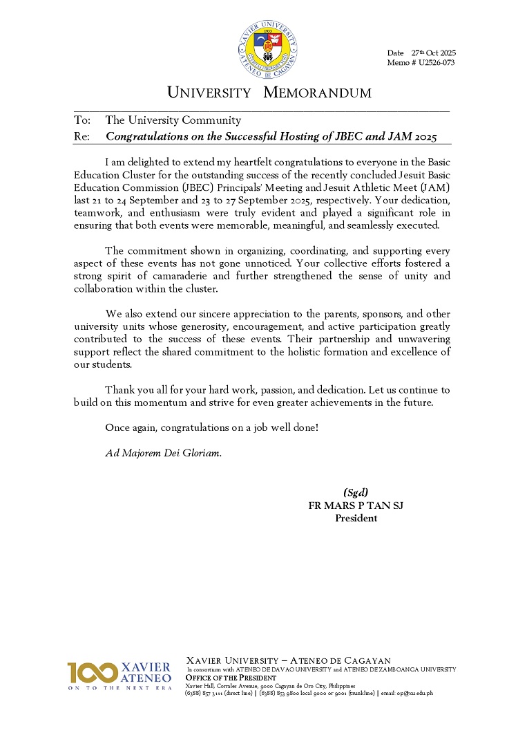 10272025.Web.MemoU U2526 073 27102025 Congratulations on the Successful Hosting of JBEC and JAM 2025 page 0001