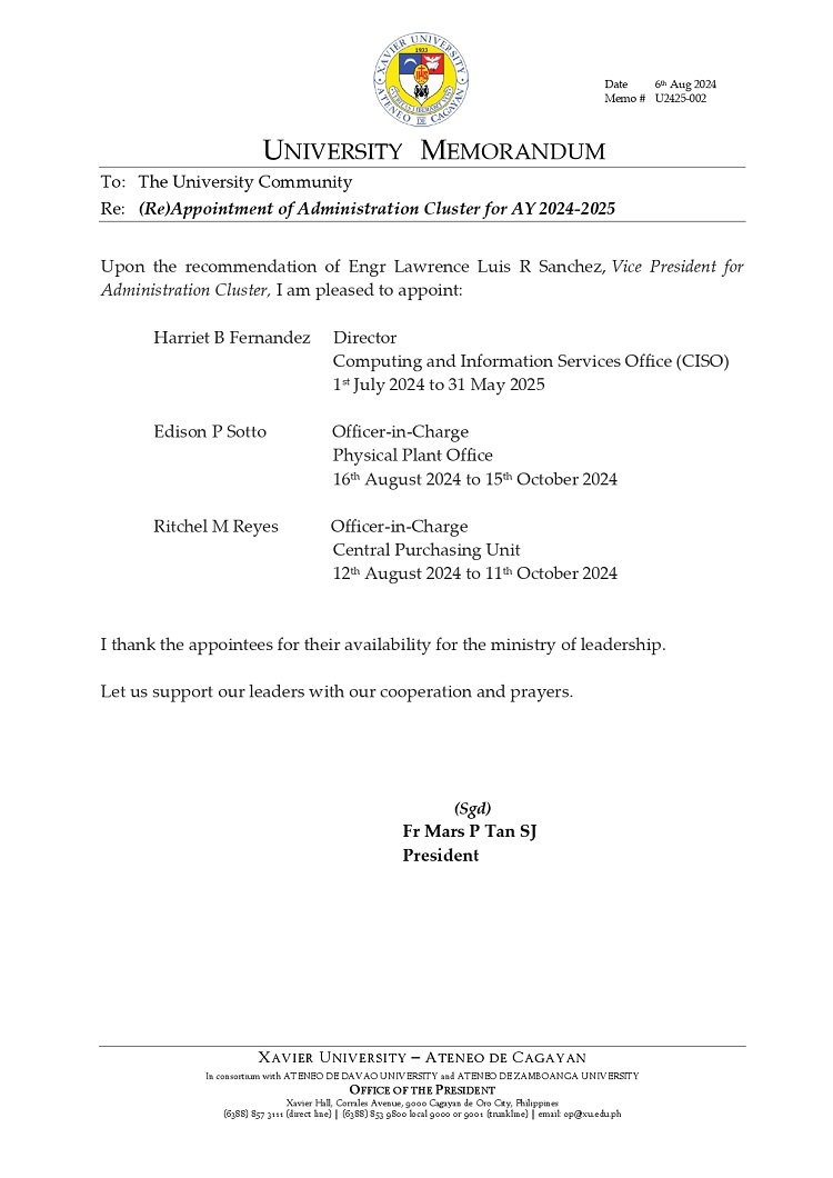 08062024.Web.MemoU U2425 002 240806 Admin Cluster Appointment SY2024 2025 page 0001