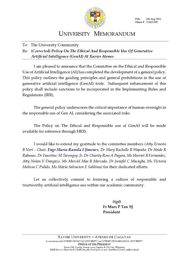 08092024.Web.MemoU U2425 003 240806 Policy On The Ethical And Responsible Use Of Generative Artificial Intelligence Genai At Xavier Ateneo C page 0001